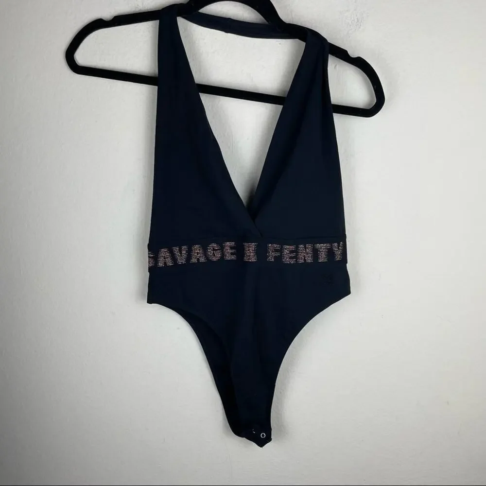 Savage X Fenty Black w Gold Halter Women One Piece Bodysuit Size Small